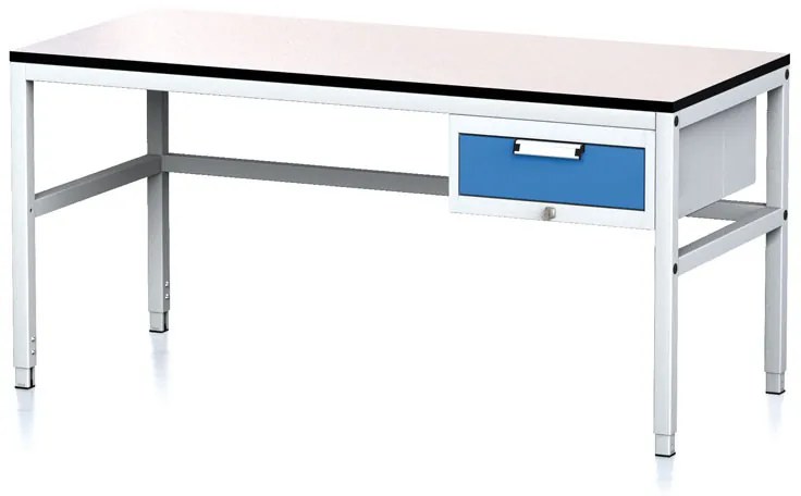 Stół warsztatowy MECHANIC II, 1600 x 700 x 745-985 mm, 1 kontener szufladowy, szary/niebieski