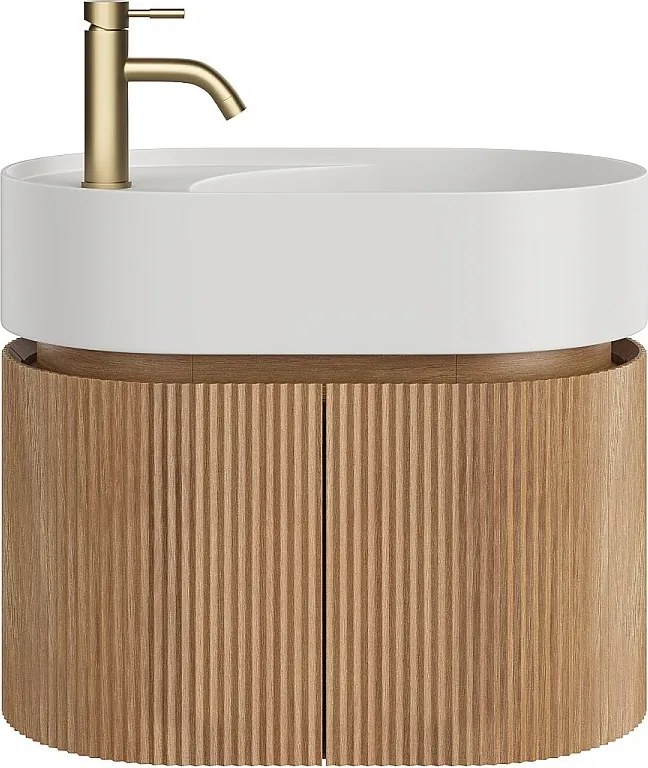 Wisząca szafka łazienkowa z prążkowanego drewna jesionowego z umywalką z białej matowej żywicy i baterią - Naturalny jasny - 60 x 51 x 37 cm - PROTEA