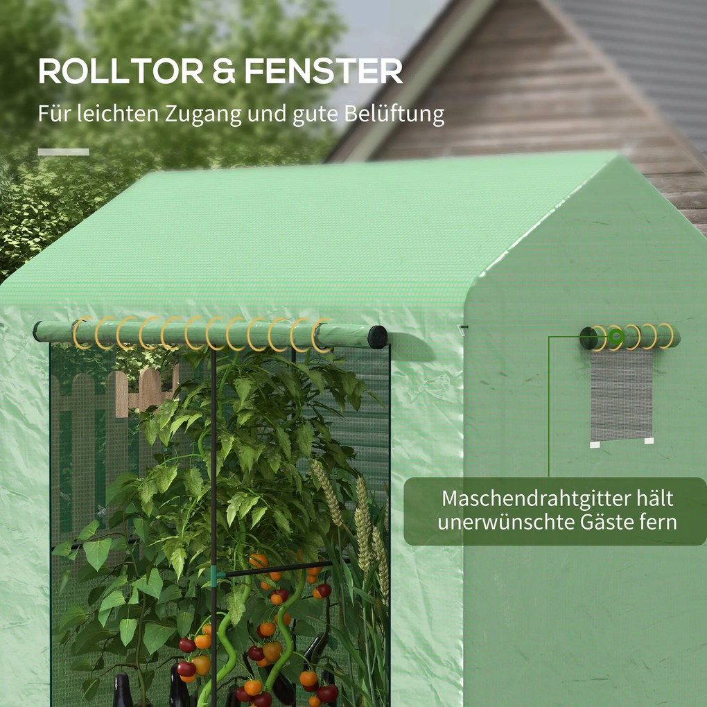 Outsunny Szklarnia foliowa szklarnia na wczesną uprawę, odporna na warunki atmosferyczne, z rolkowymi drzwiami, 200 x 200 x 140 cm, Zielony