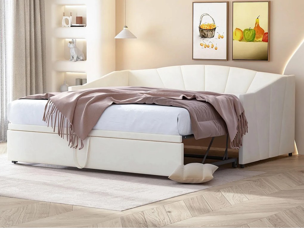 Kanapa rozkładana z weluru 90/180x200 cm - Rama łóżka wysuwanego - z stelażem lamelowym - Beżowy