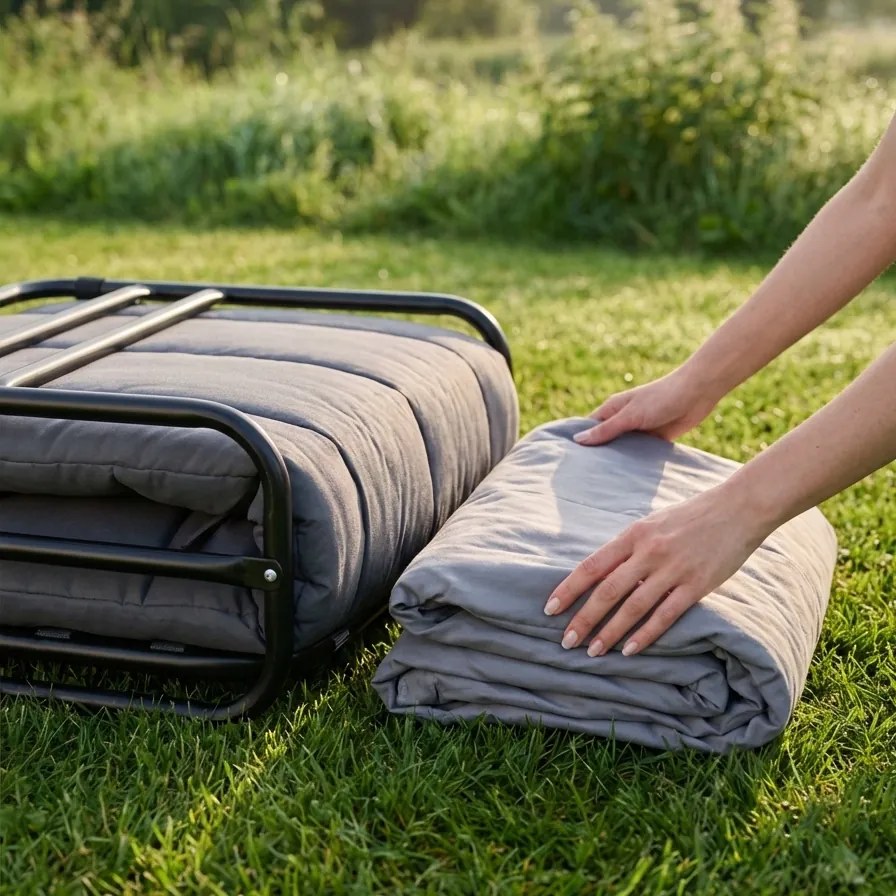 Składana leżanka turystyczna z materacem Morra, kolor szary