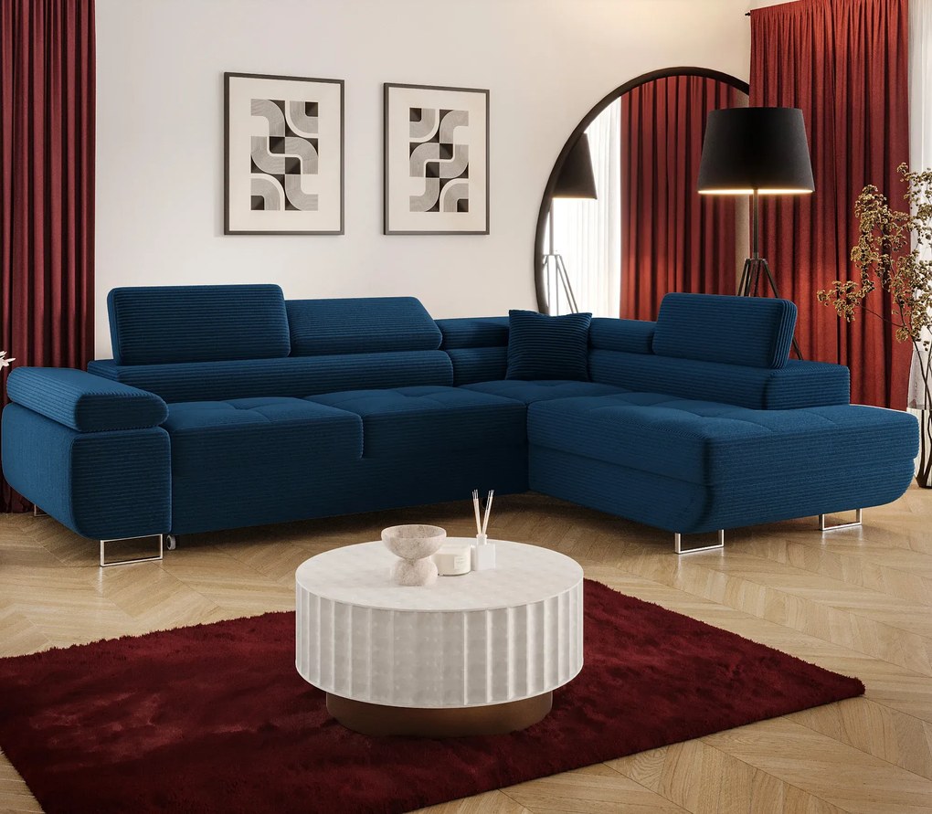 Granatowy rozkładany narożnik z pojemnikiem C8-L27