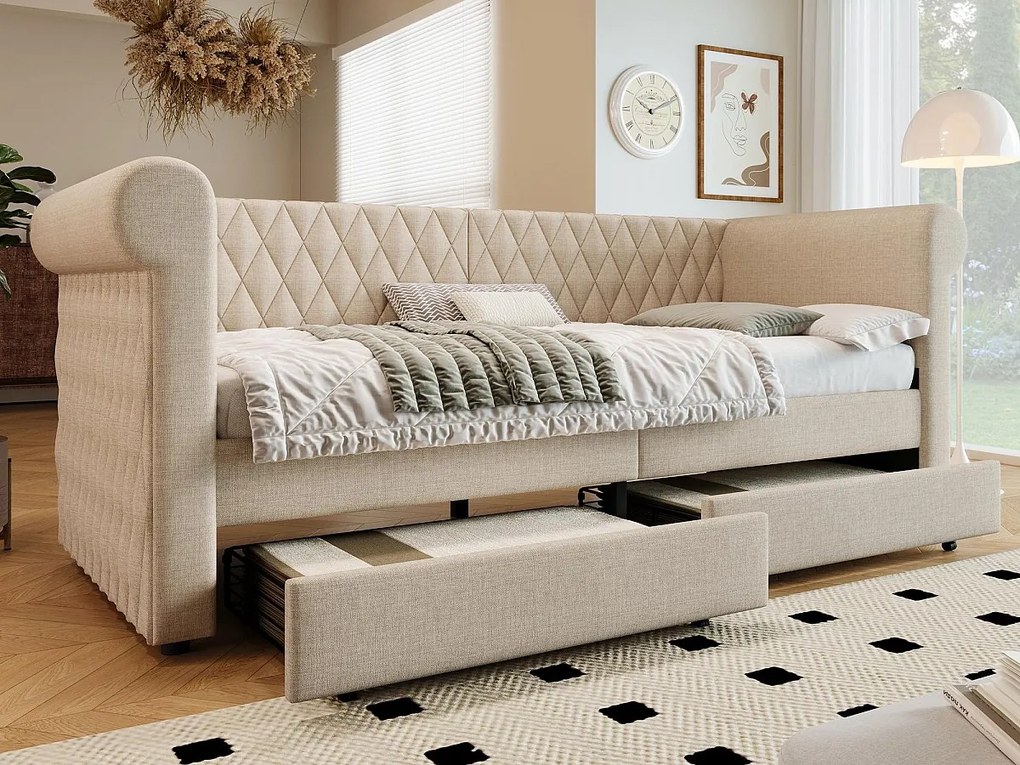 Łóżko z kanapą z 2 szufladami z lnu - 90x200cm - z stelażem na listwach - Beżowe