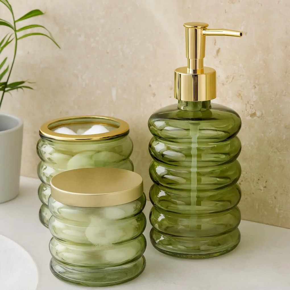 Zestaw łazienkowy HUM, szklany dozownik, kubek, pojemnik, 3 elementy