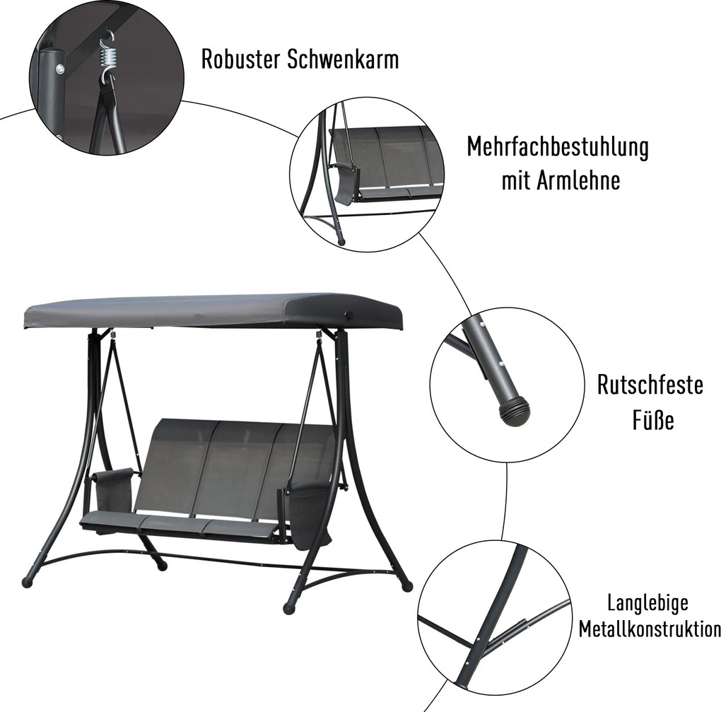Outsunny Komfortowa Huśtawka Ogrodowa z Daszkiem 196x128x172cm z Kieszeniami | Aosom PL