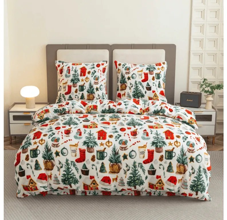 PrzytulneMieszkanie.pl PrzytulneMieszkanie.pl PrzytulneMieszkanie.pl Zestaw pościeli z mikropluszu FESTIVE MAGIC biały + prześcieradło z mikropluszu SOFT 180x200 cm biały, łóżko podwójne