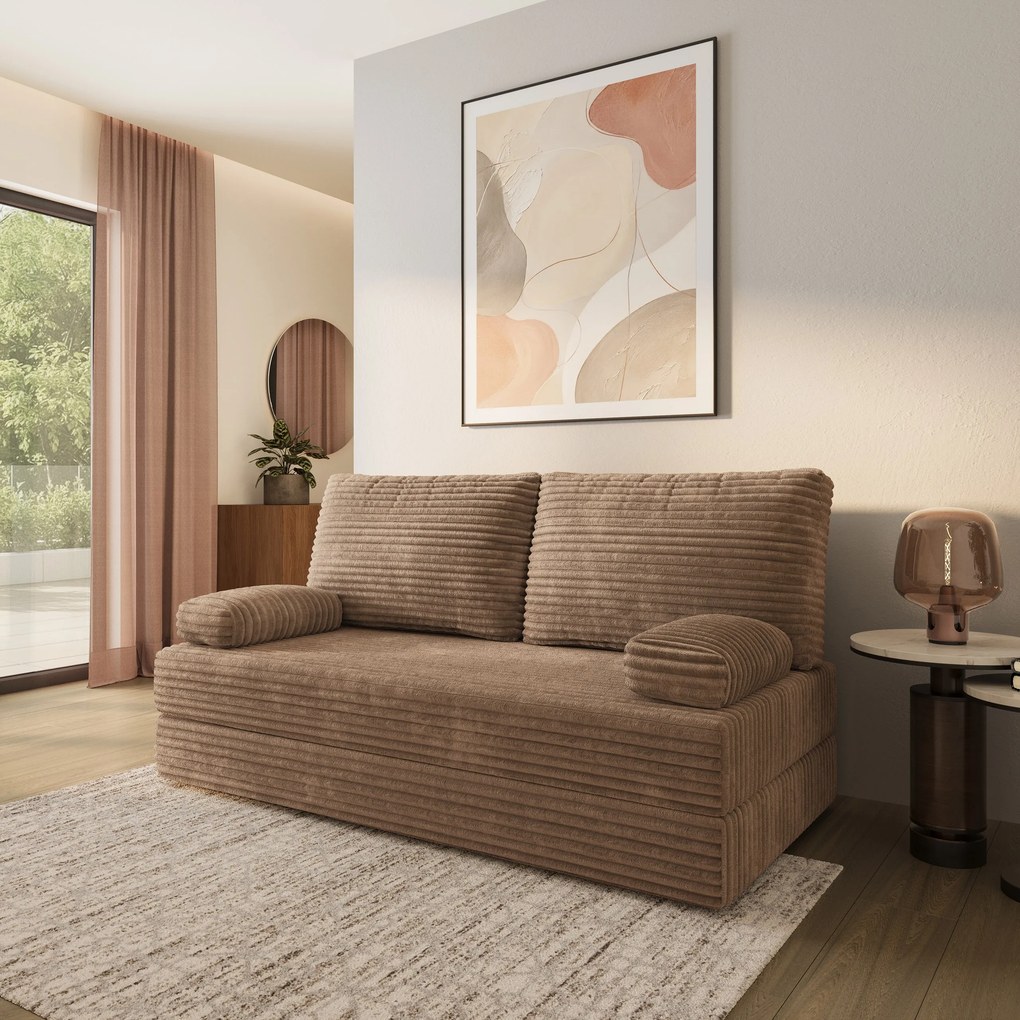 Masseno Sofa piankowa SILAR z funkcją spania, Kanapa z pianki do salonu, Bezmontażowa, Tkanina sztruksowa – Beżowy TILIA 17