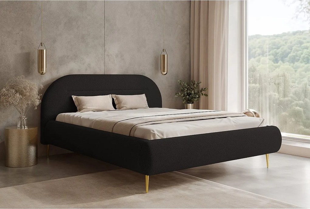 BESILIO Nowoczesne łóżko z pojemnikiem 160x200 Apolline II - łóżko zaokrąglone wezgłowie, miękka tkanina pluszowa, łóżko na wysokich nogach- Czarny