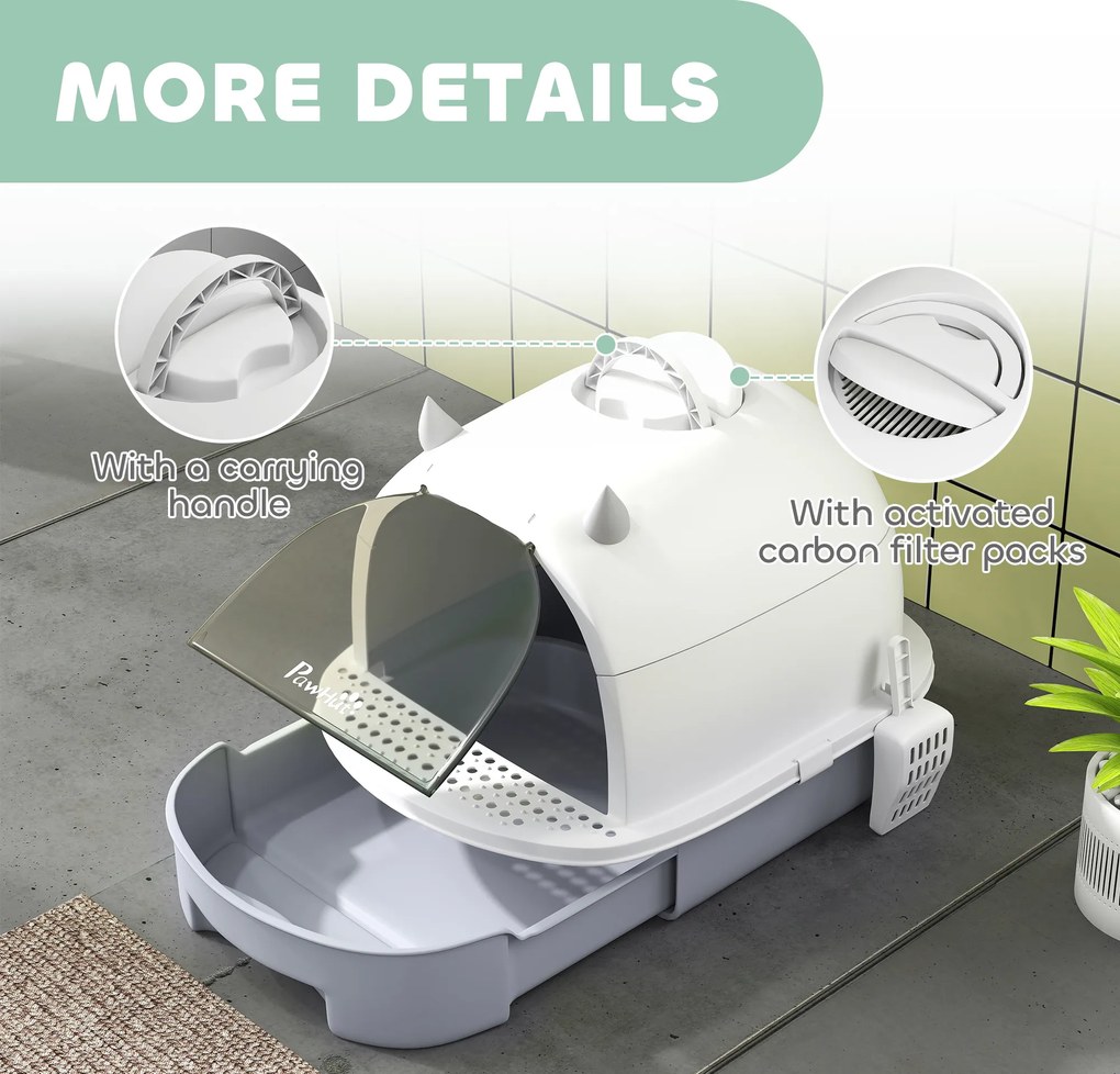 PawHut Kuweta z pokrywą kuweta dla kota z szufelką wysuwaną szufladą pedałem wejściowym dla kotów do 5 kg 40,5x52x39 cm Szara | Aosom PL