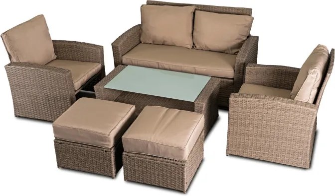 Zestaw Mebli Ogrodowych FLORYDA Beżowy Sofa Krzesła Pufy Stolik Tarasowy Technorattan Nowoczesny