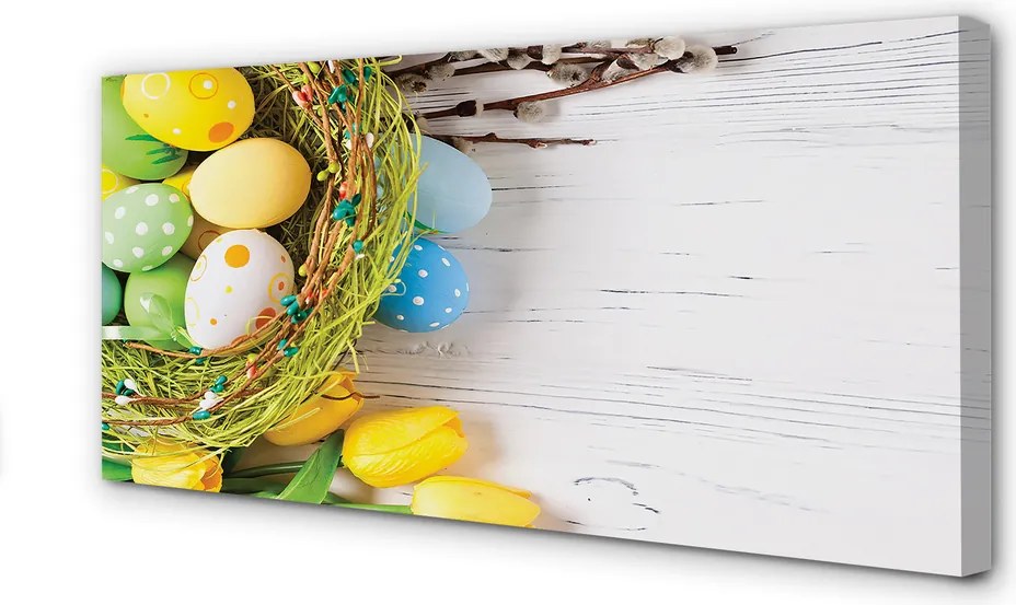 Fotoobraz na płótnie Jajka, Bazie i Tulipany