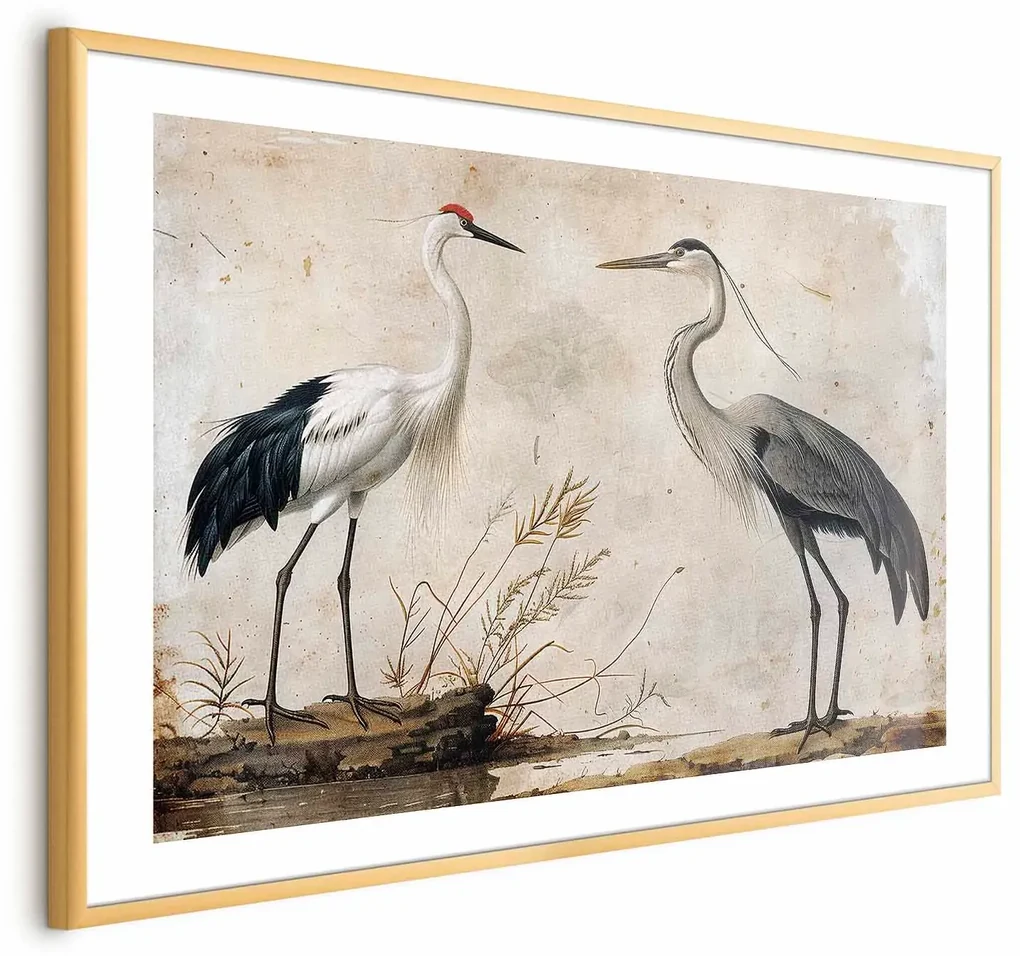 Plakat Ptaki z ryciny 90x60 cm z ramą złotą z marginesem ARTGEIST B