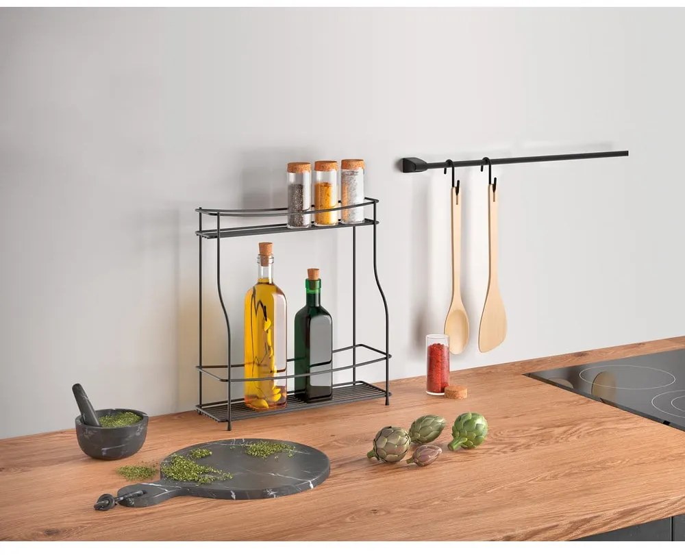 Czarna dwupoziomowa dodatkowa półka do kuchni Metaltex Balsamico Lava