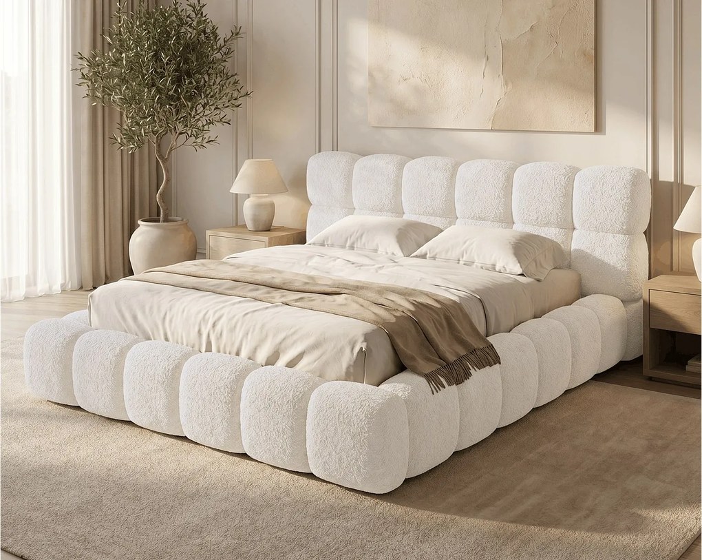 BESILIO Łóżko z grubej pianki 160x200 boucle Tokyo - łóżko z pojemnikiem i stelażem - Kremowy