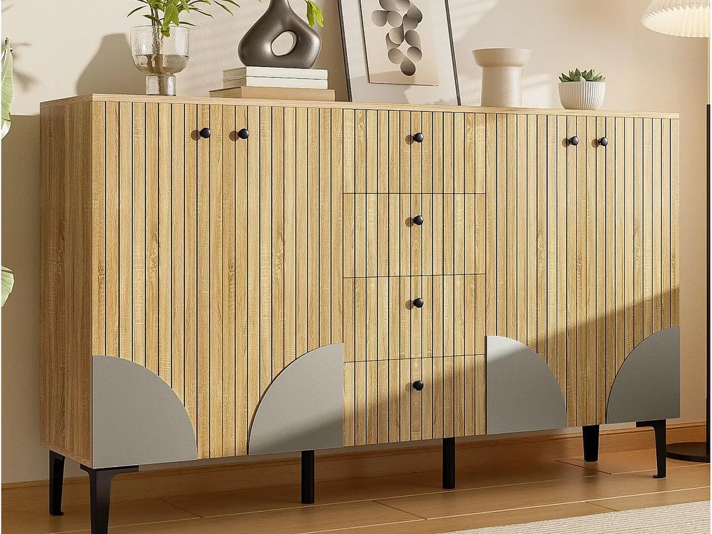 Nowoczesny buffet z drewna 160x36x94 cm - 4 fronty i 4 szuflady - Wykończenie drewno - Płyty wiórowe - Kolor naturalny