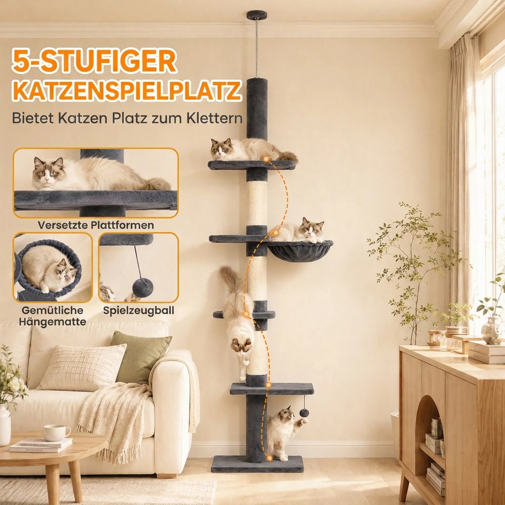 PawHut Drapak sufitowy 225–255 cm regulowany Drapak dla kota z 5 poziomami 3 słupkami z sizalu, hamak, platformy | Aosom PL