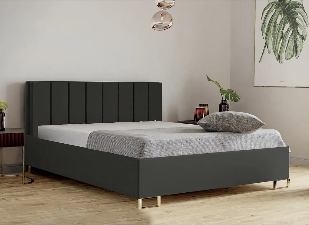 Łóżko tapicerowane MALIBU, wezgłowie, obicie MONOLITH, pojemnik na pościel, podnośnik gazowy, wysokość spania 39 cm, 120x200 cm, Antracytowy