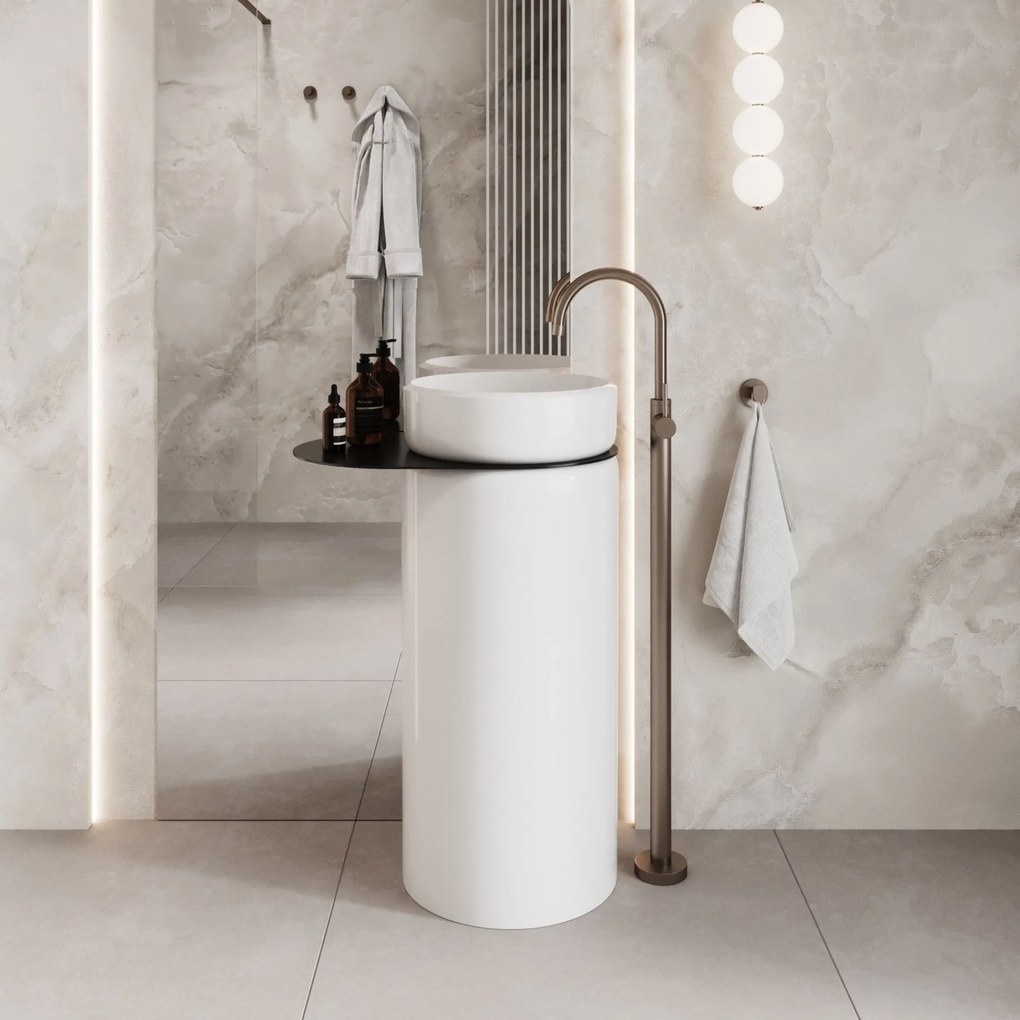 Umywalka z konglomeratu wolnostojąca okrągła 85 x 40 cm z półką metalową RONA bez przelewu : Kolor umywalki RONA - Beż połysk, Podłączenie syfonu - Do podłogi, Półka - Metalowa