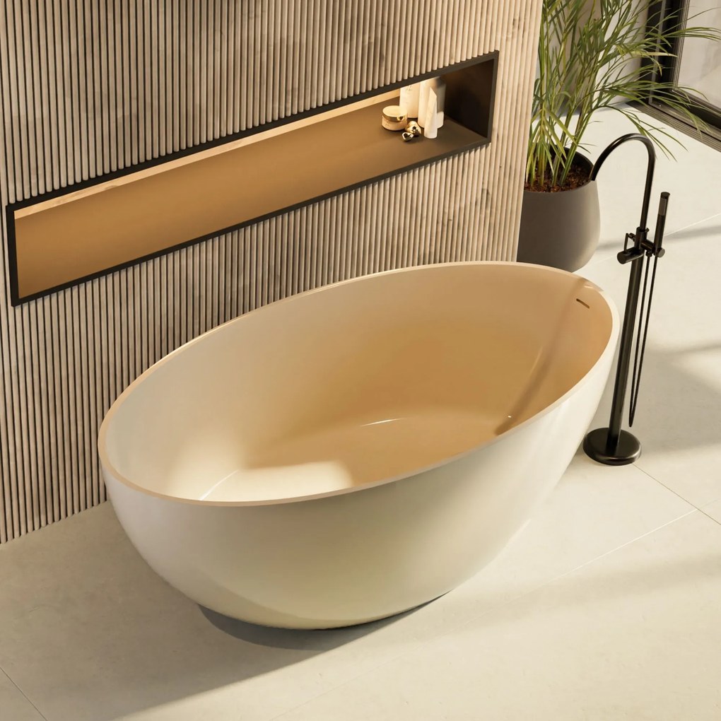 Wanna wolnostojąca owalna beżowa błyszcząca z konglomeratu 160 x 85 cm KALMI BEIGE GLOW z przelewem SLIM cienki rant