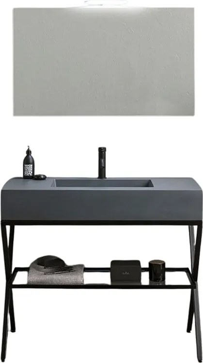 Nowoczesna szafka łazienkowa stojąca w kolorze szarym "Petra" z lustrem, umywalką i szklaną półką 100 cm