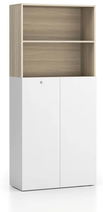 Szafa biurowa SEGMENT 2-drzwiowa, zamykana, 4 półki, 840 x 370 x 1880 mm, biały / naturalny dąb