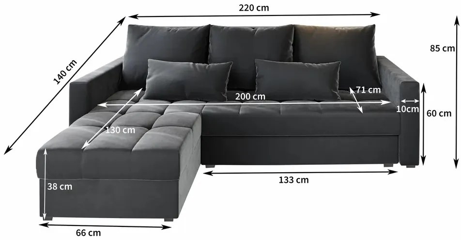 Niebieska rozkładana sofa narożna ZENOVA 220x140 cm, dwustronna