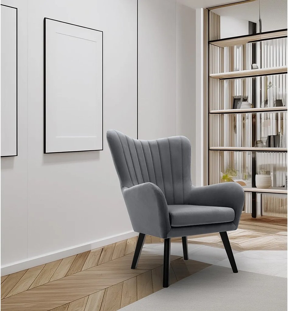 Fotel TED z tkaniny Velluto, wysoka oparcie, szerokie siedzisko, czarne nogi, pionowe przeszycia, 76x78x100 cm, szary