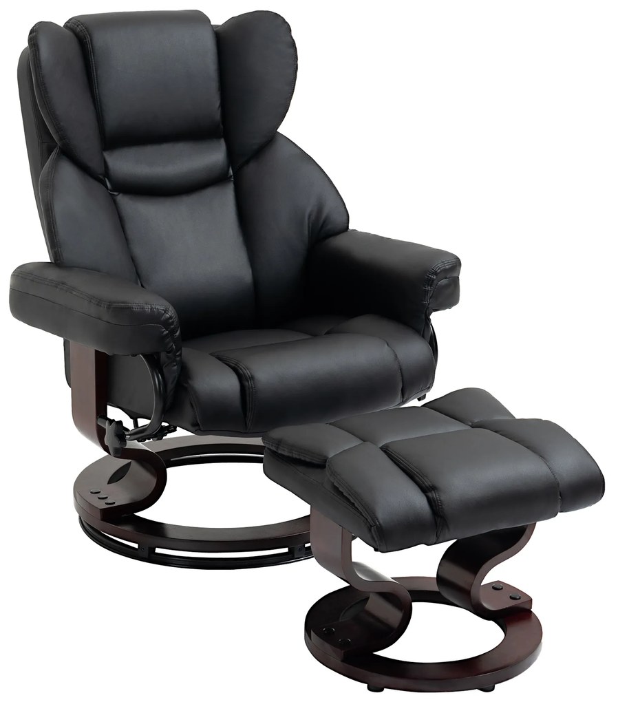 HOMCOM Fotel relaksacyjny z obrotowym pufem funkcja leżenia do oglądania TV ekoskóra czarny | Aosom PL