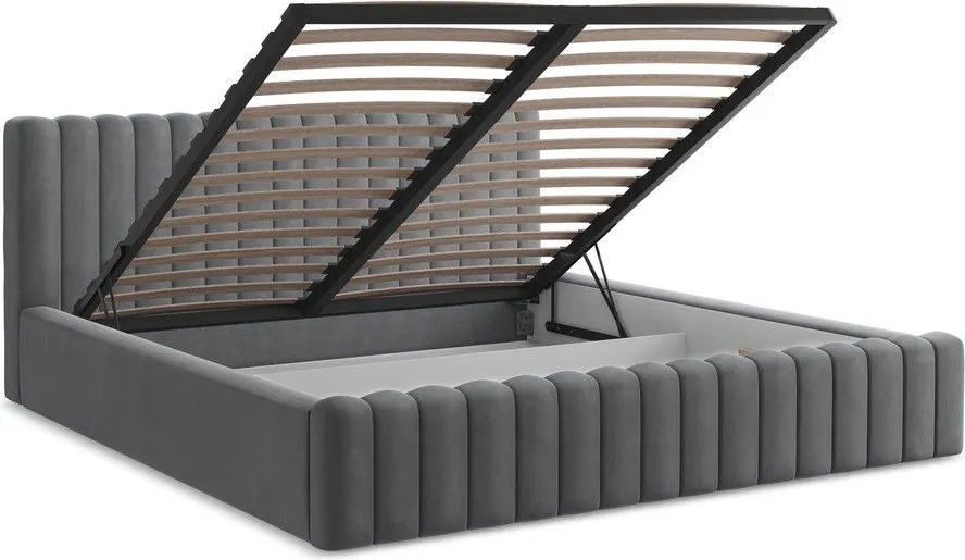 Szare tapicerowane łóżko dwuosobowe ze schowkiem ze stelażem 140x200 cm Lemi – Makamii