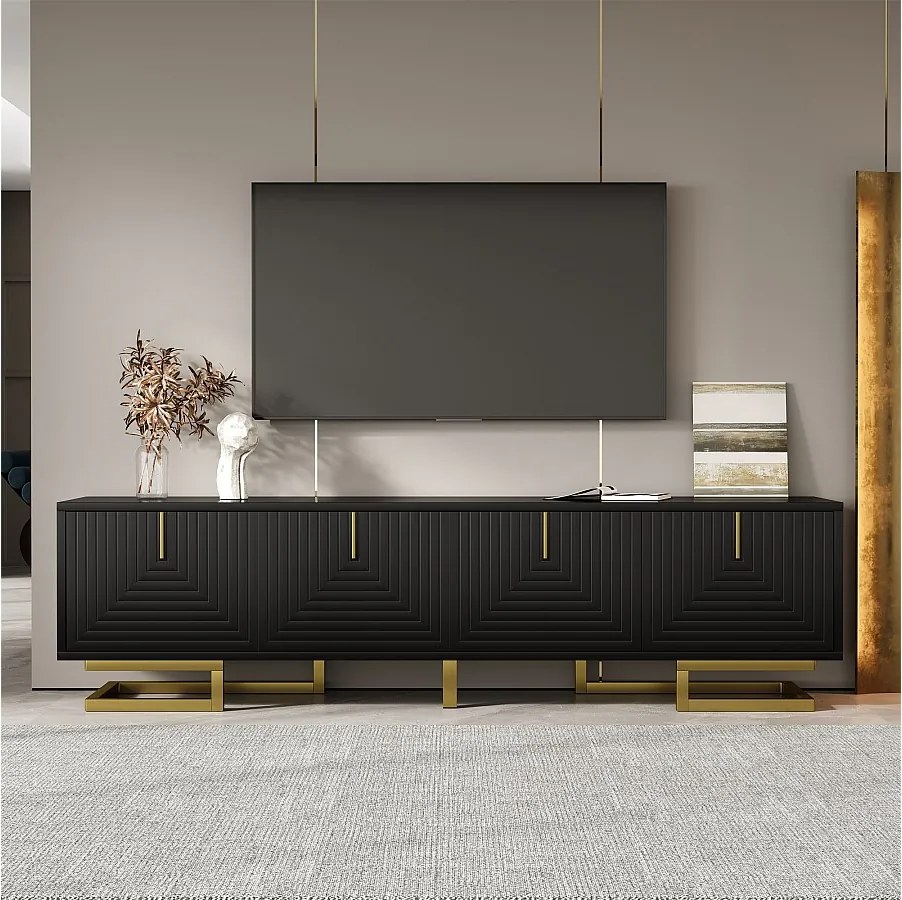 Czarna szafka RTV z 4 teksturowanymi drzwiami, złotymi uchwytami i złotymi nogami – do salonów i gabinetów