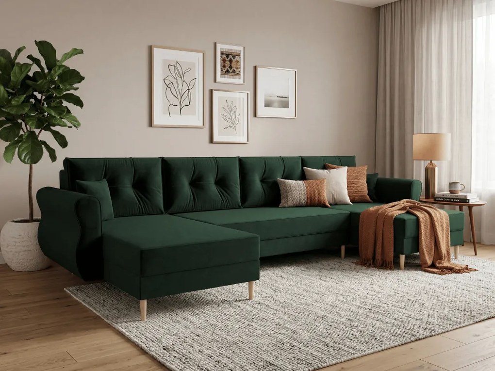 Rozkładana sofa narożna w kształcie U SILVIANO 300x140 cm, ciemnozielona + 2 poduszki GRATIS