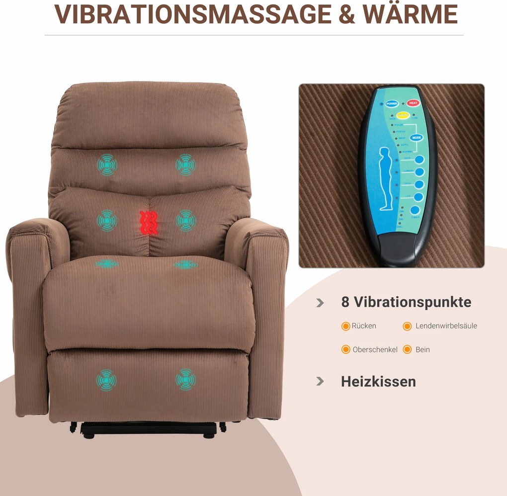 HOMCOM Fotel telewizyjny z masażem i ogrzewaniem funkcja pomoc przy wstawaniu jasnobrązowy 79x97x103 cm | Aosom PL