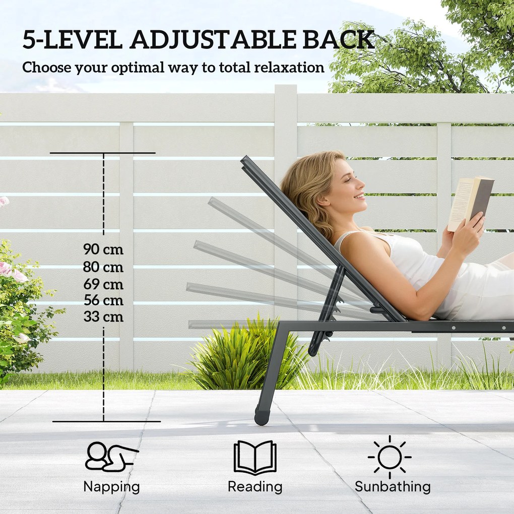 Outsunny Zestaw 2 Leżaków Ogrodowych z 5-stopniowo Regulowanym Oparciem, Bocznym Stolikiem, Kółkami, Antypoślizgowe Nogi Szary | Aosom PL