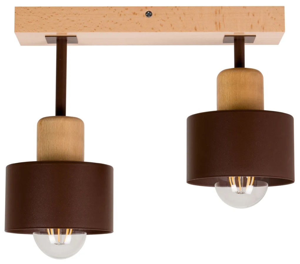 Brązowa lampa sufitowa, dwupunktowy spot DBR30x7BU z drewna i metalu E