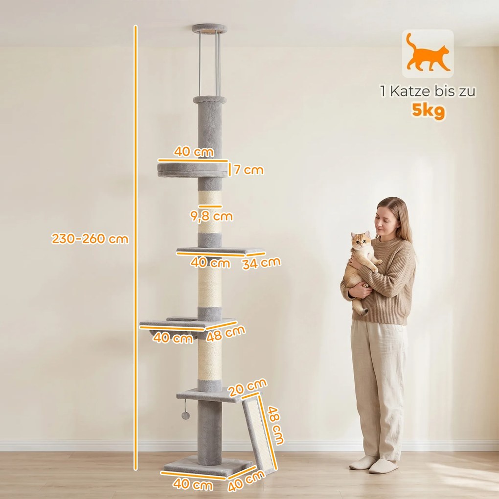 PawHut Drapak sięgający sufitu 230–260 cm, regulowana wysokość, drzewko dla kota z 5 poziomami, 3 grube słupki sizalowe, płyta do drapania z sizalu | Aosom PL