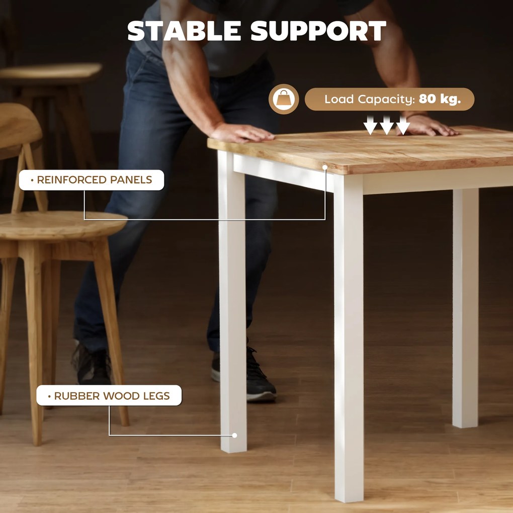 HOMCOM Stół jadalny z drewna kauczukowego, dla maksymalnie 4 osób, z antypoślizgowymi podkładkami, naturalne drewno