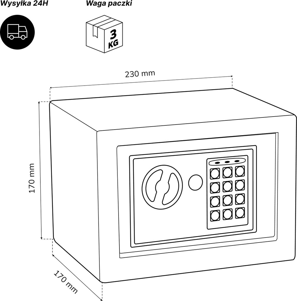 Mini sejf domowy elektroniczny na kod, na pieniądze i biżuterię, 230x170x170 mm: HECTOR