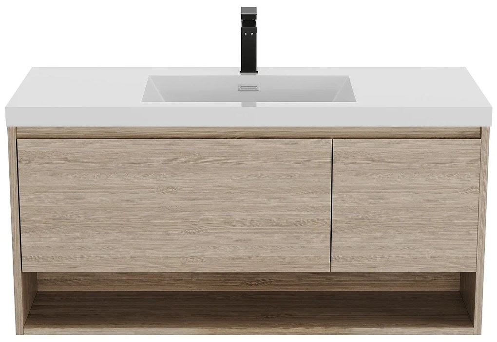 Podwieszana szafka łazienkowa z pojedynczą umywalką w kolorze jasnego naturalnego drewna z baterią - 120 cm - PUJUKA