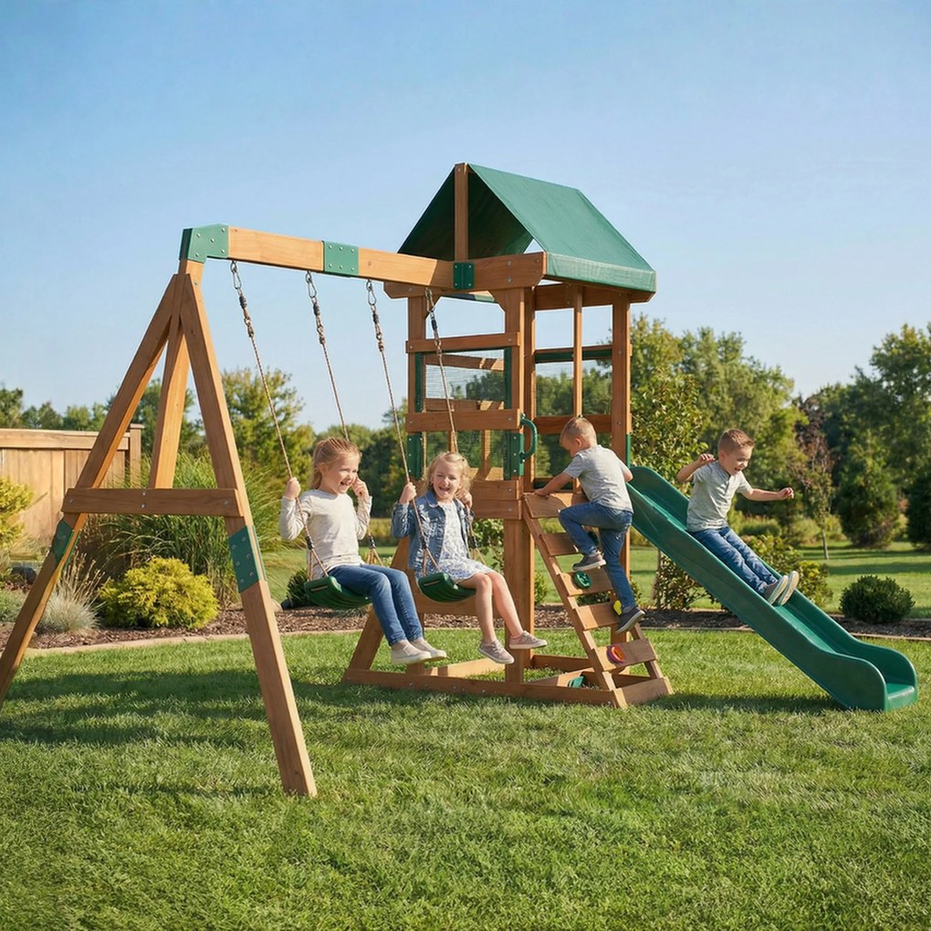 AIYAPLAY Wieża zabaw drewniana z huśtawkami i zjeżdżalnią 194,5 cm dla dzieci 3-8 lat 315x284x233 cm Zielony | Aosom PL