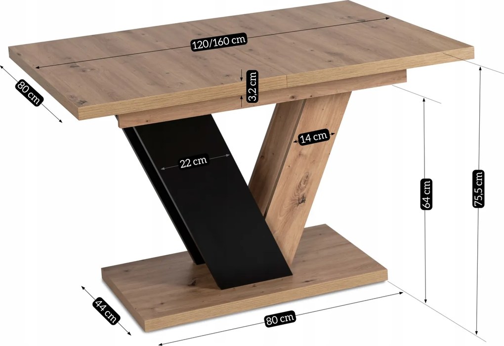 Industrialny stół do jadalni rozkładany Clark 120-160 cm, dąb artisan/czarny