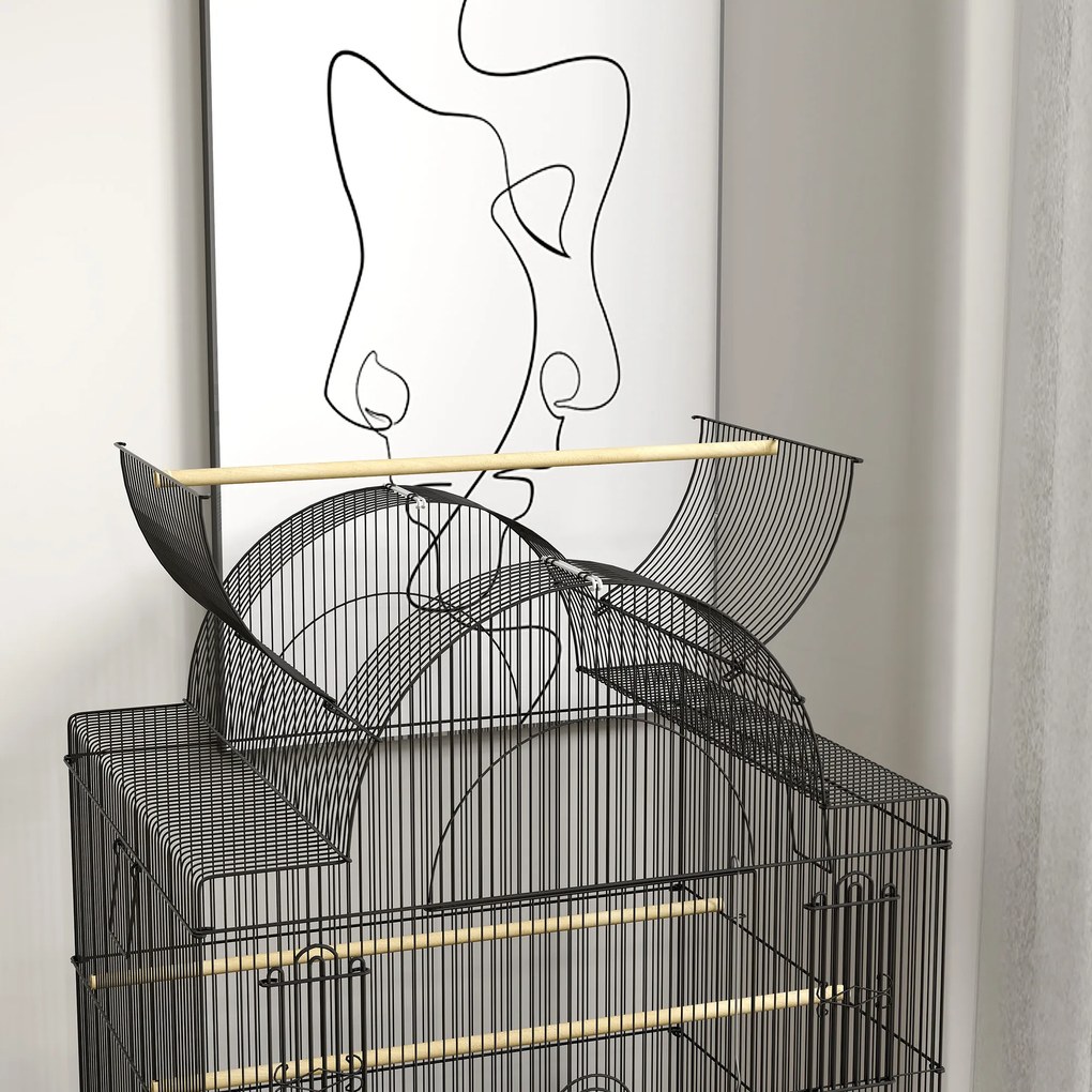 PawHut Mobilna klatka dla kanarków i falistych, z dolną półką, metalowa siatka, Czarna