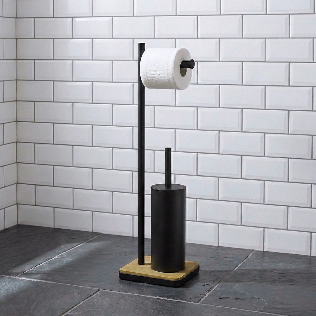 Szczotka do WC z uchwytem na papier toaletowy i bambusową podstawką IVLO, 65 cm