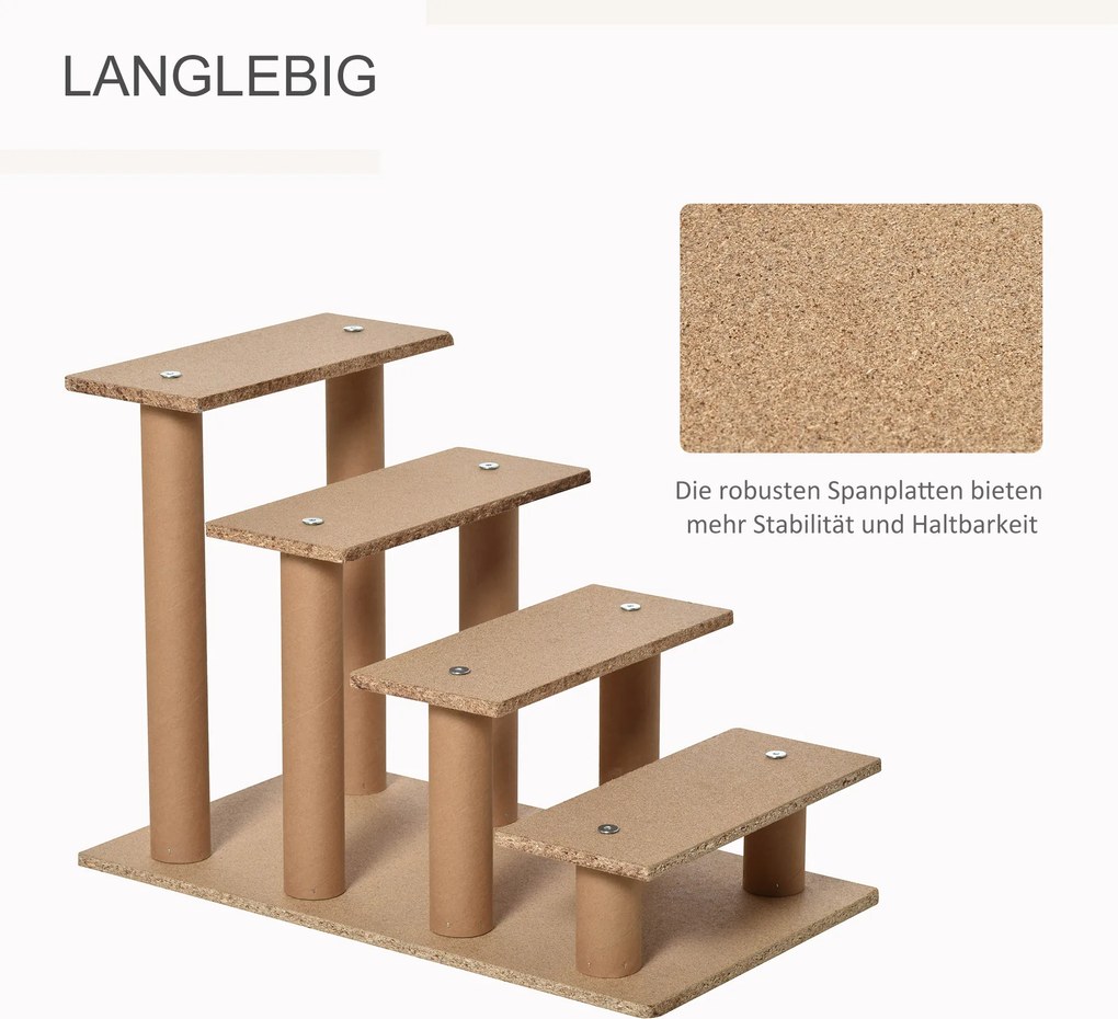 PawHut Schodki dla zwierząt 4-stopniowe z pluszową pokrywą, schodki dla psa/kota, płyta wiórowa, beżowe, 60x35x44cm | Aosom PL