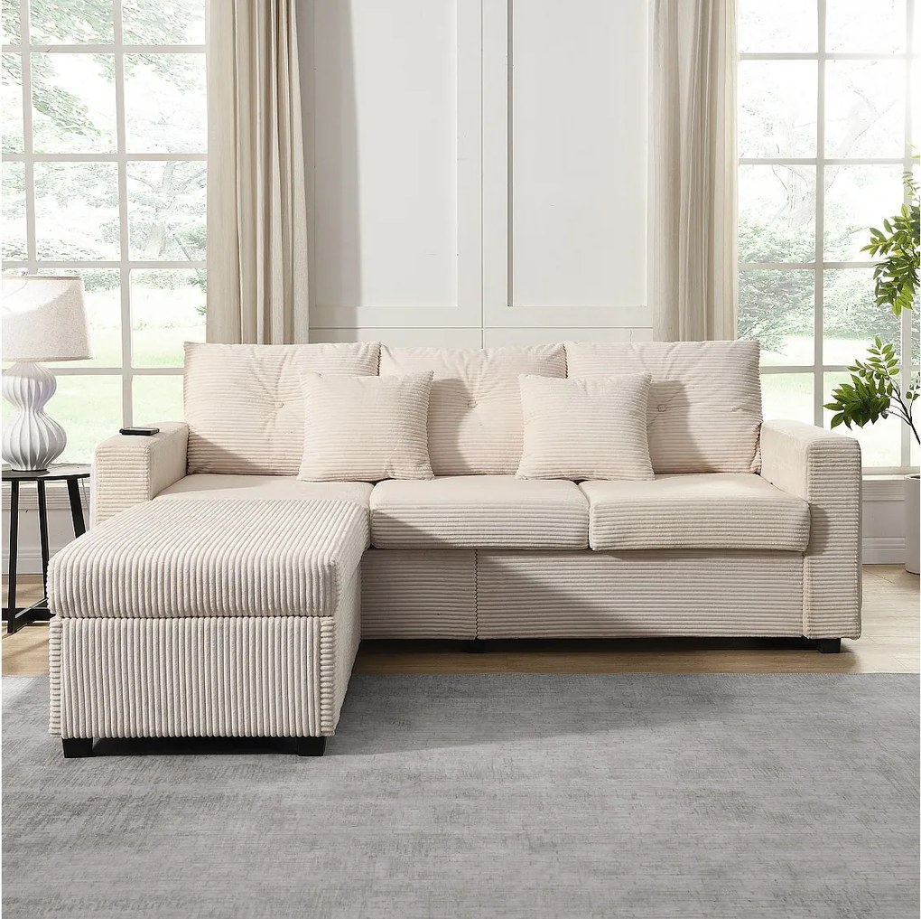 Sofa 3-osobowa, Narożnik z oświetleniem LED i podnóżkiem - beżowy sztruks