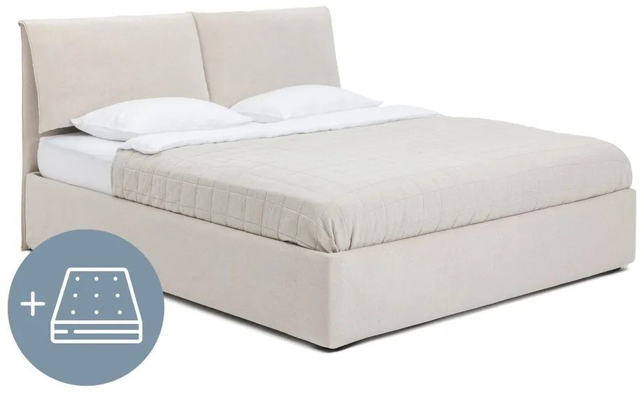 Beżowe tapicerowane łóżko dwuosobowe ze schowkiem z materacem i stelażem 160x200 cm Thessa Pillow – Bonami Selection