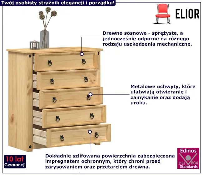 Klasyczna drewniana komoda z 5 szufladami B1-H80