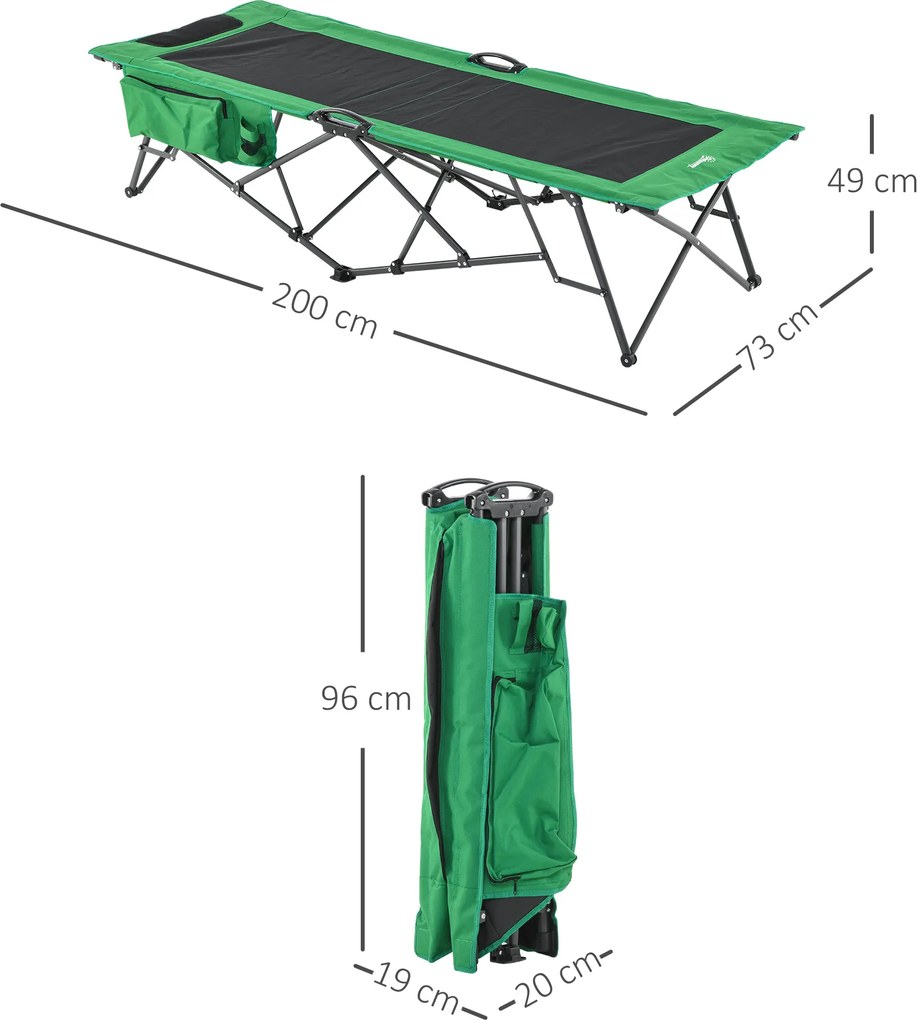 Składane Łóżko Campingowe Outsunny z Boczną Kieszenią i Uchwytem na Napój, Nośność do 136 kg, Stal i Oxford, Zielony+Czarny, 190 x 65 x 40 cm