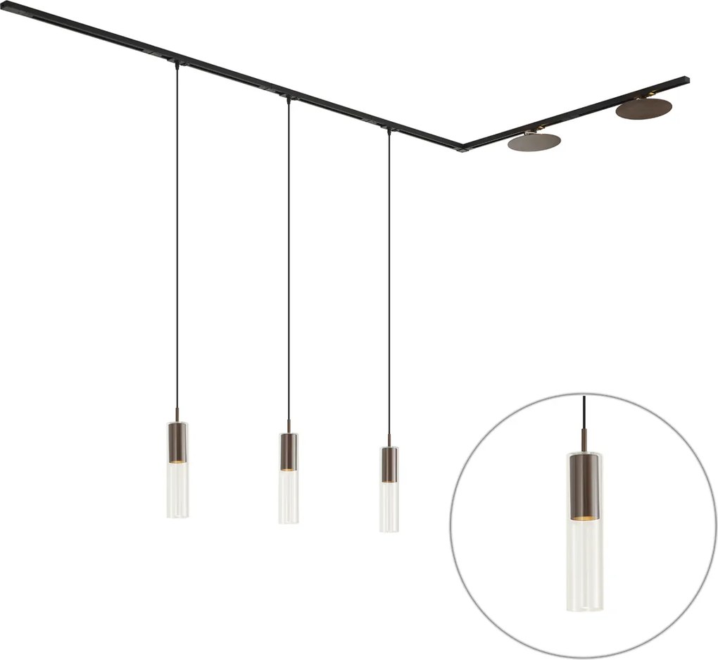 Nowoczesny system szynowy czarny z 3 lampami wiszącymi i 2 lampami sufitowymi brązowy 1-fazowy - Iconic Lloyd Pulley