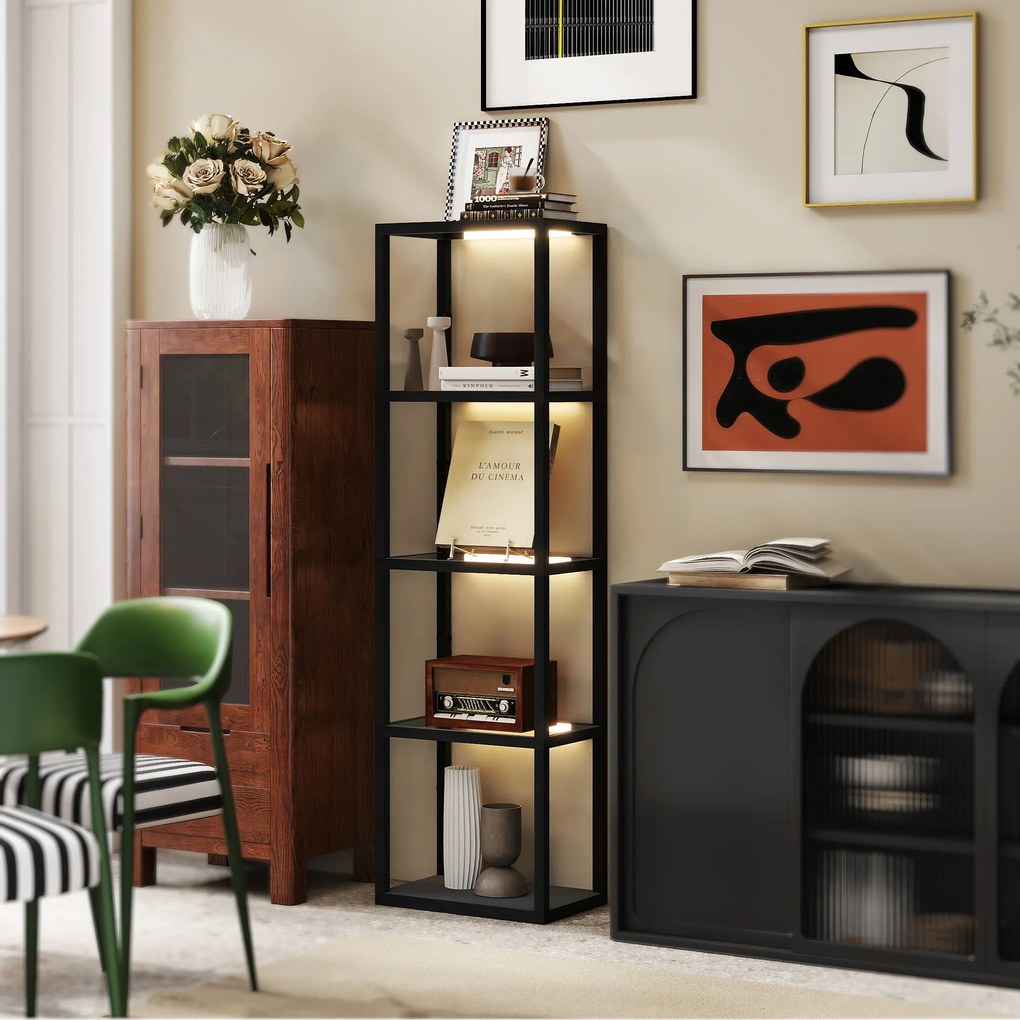 HOMCOM Lampa podłogowa LED z 4-półkowym regałem, regał świetlny z 4 szklanymi półkami, przełącznik nożny, MDF, Czarny