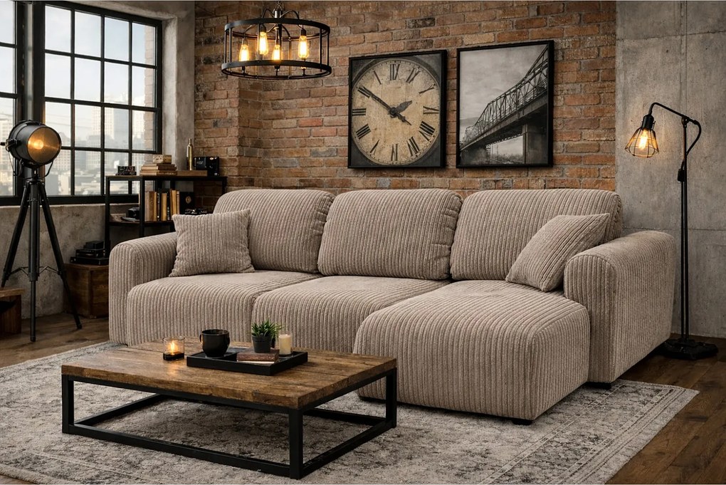 Narożnik w kształcie L z funkcją spania i pojemnikiem Bingo L, tkanina sztruksowa Poso, Ciemnobeżowy, Prawy